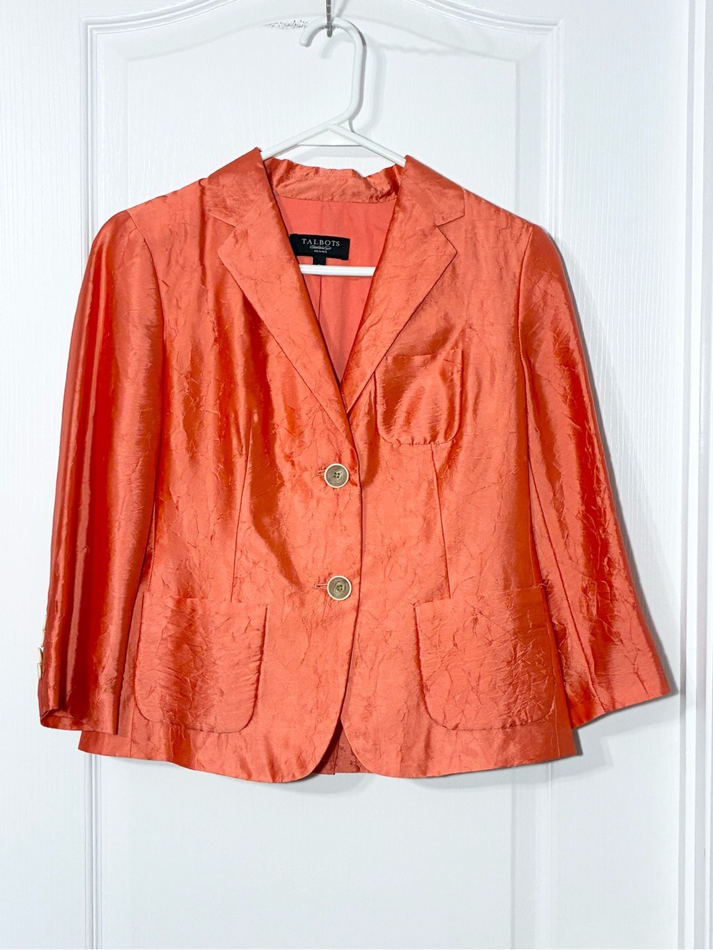 Talbots SILK Blend Crinkled Texture 3/4 Sleeve Cropped Blazer Coral 4 Petite